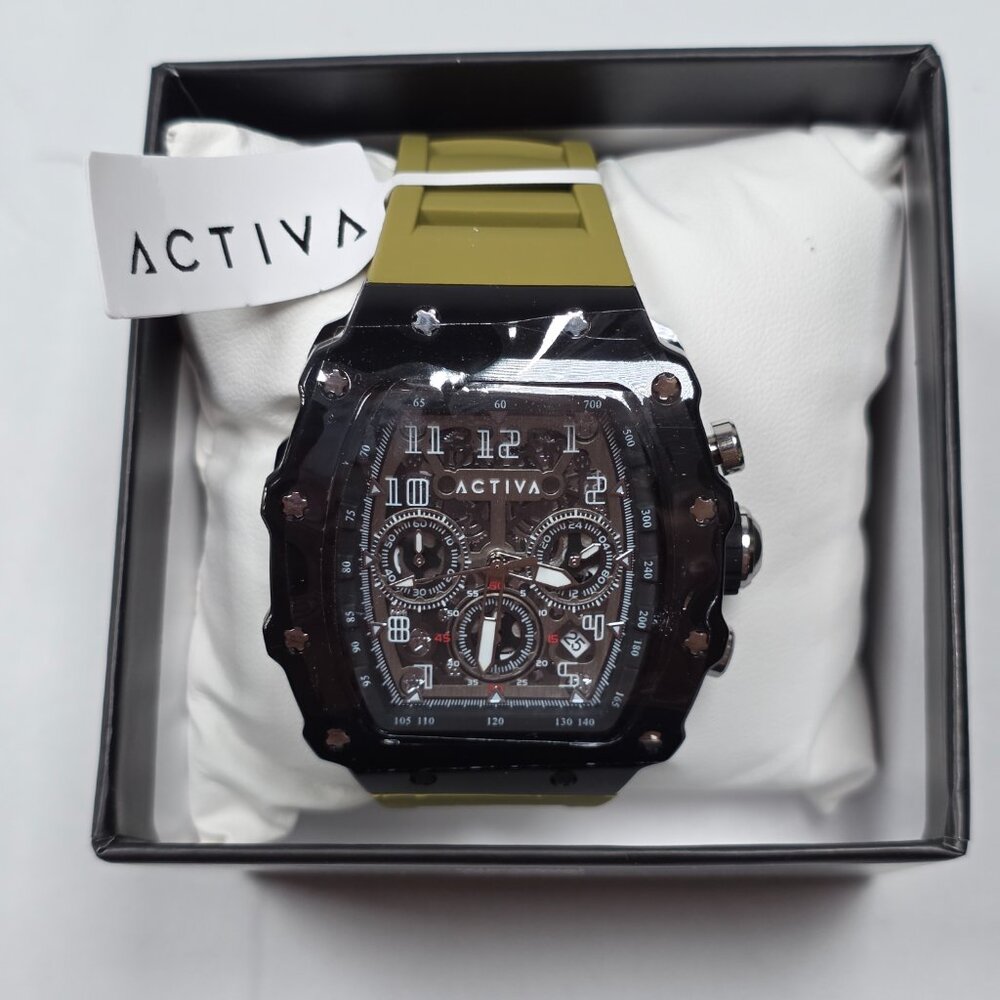 ACTIVA Chronograph Style Watch Olive Green Silicone Strap Skeleton Dial‎ New Box